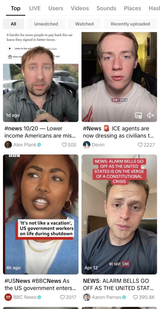 Screenshot of TikTok search “news”. Source: TikTok