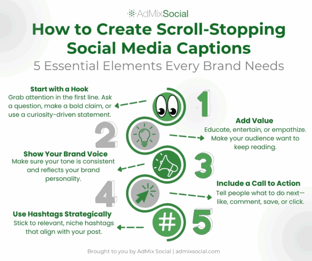 AdMix Social. Social Media Online Marketing Agency Phoenix Scottsdale AZ. (n.d.). https://admixsocial.com/how-to-create-scroll-stopping-social-media-captions/ 